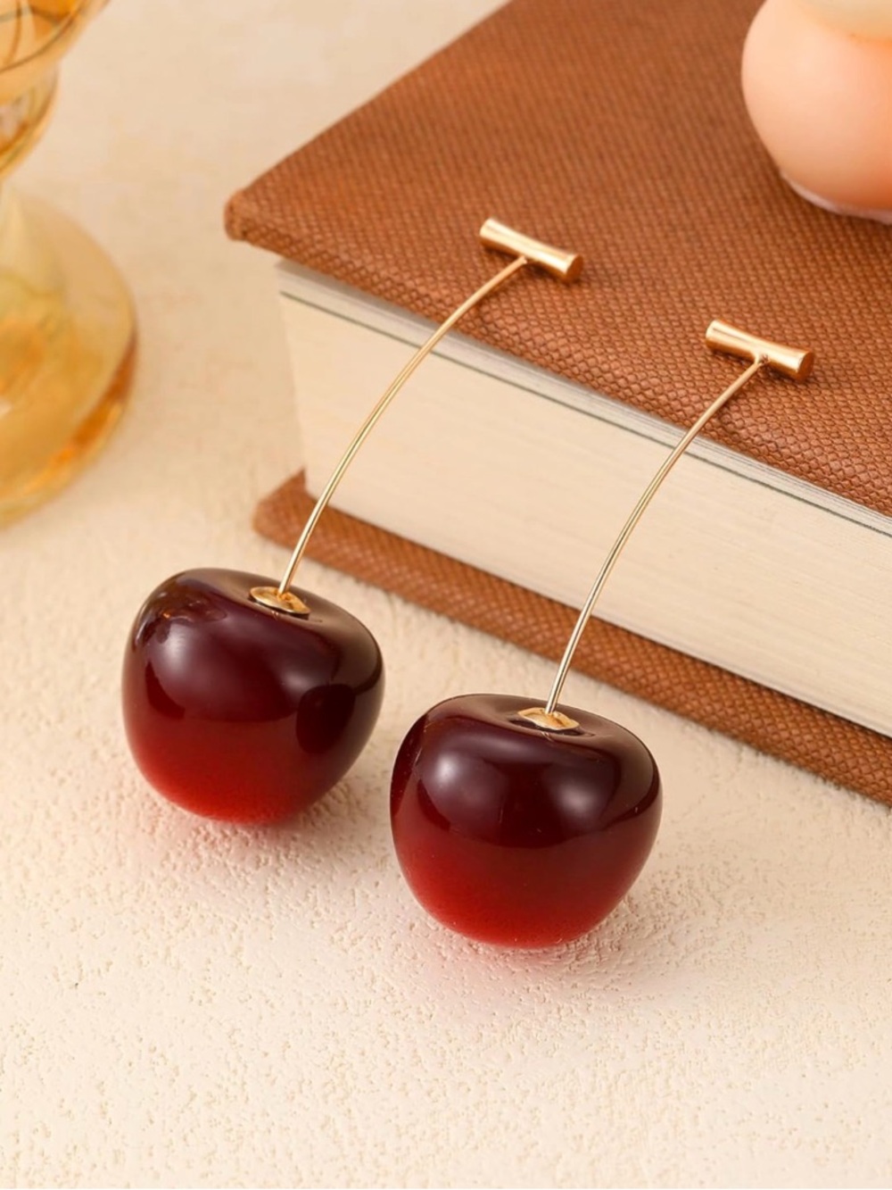 Cherry Drop Earrings Gold Tone Resin Statement Minimalist Chic Coquette Cute NWT - Picture 2 of 6